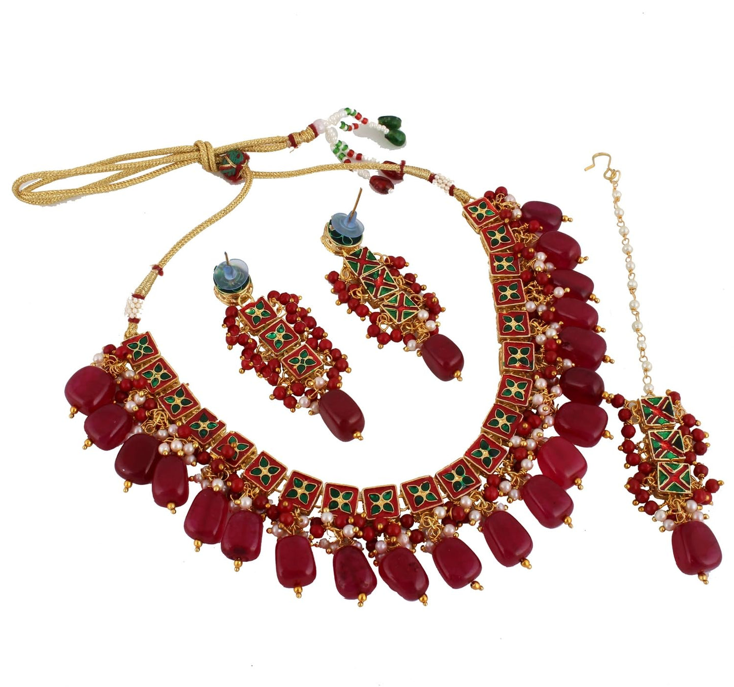 Lucky Jewellery Back Meenakari 18k Gold Plated Maroon Color Square Shape Tika Earring Combo Jewellery Set Uncut Kundan Big Faux Kundan Dibbi Kundan Choker Necklace Set for Girl's & Women