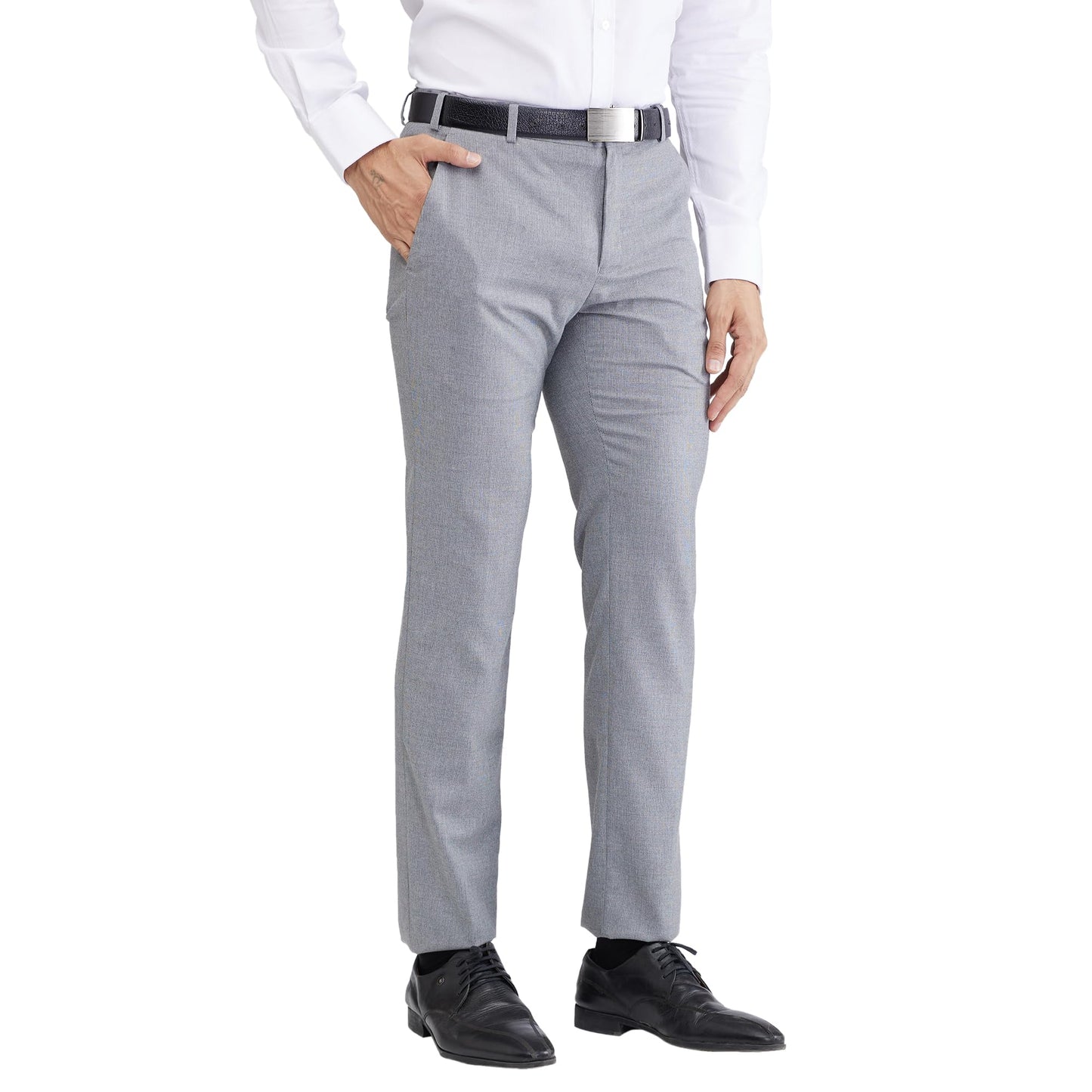 Raymond Men's Slim Fit Mid Rise Formal Trousers, Poly Viscose Blend, Structure Pattern, Flat Front | Dark Grey