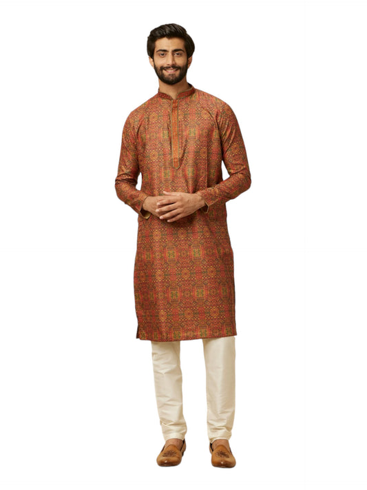 Manyavar Rust Blended Viscose Digital Print | Embroidery Kurta Pyjama Set
