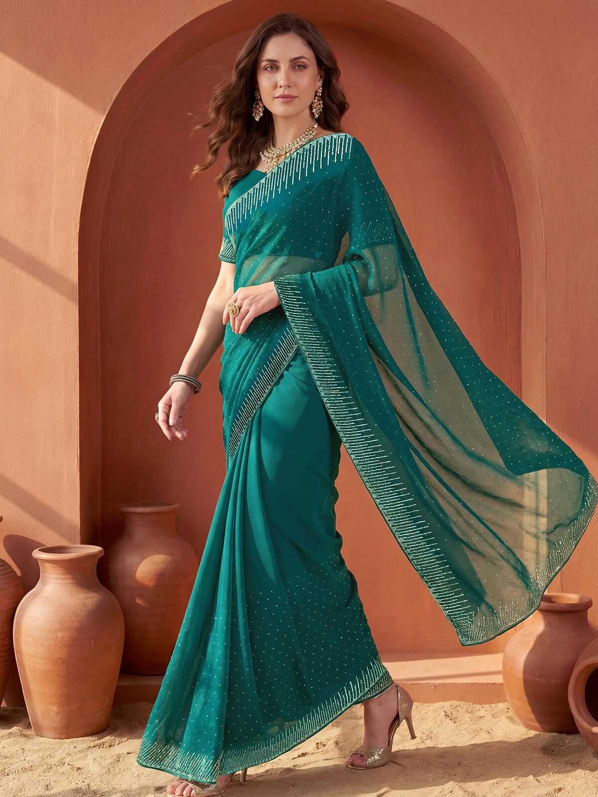SIRIL Women's Georgette Stone Work Saree with Unstitched Blouse Piece (4998S963A_Teal Blue)