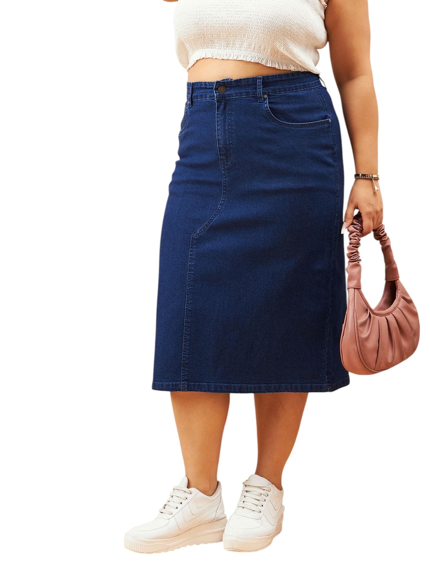Navy Denim Acid Wash A-Line Skirt