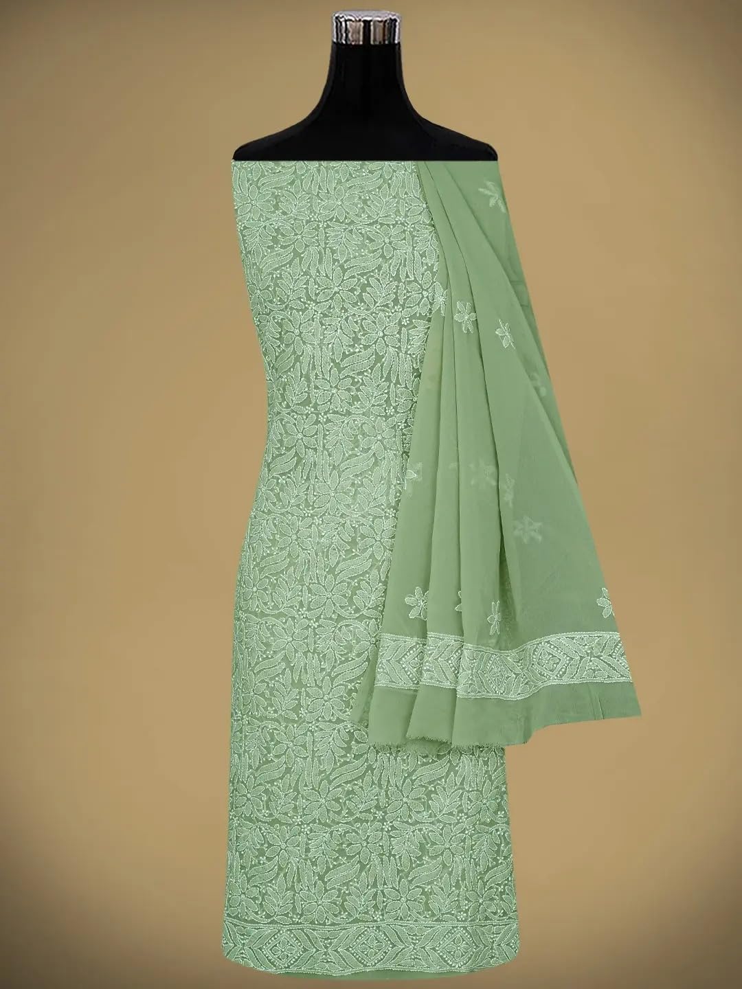 Ada Hand Embroidered Lucknowi Chikankari Unstitched Georgette Dress Material Suit Piece with Dupatta for Women 01A867806 Moss Green