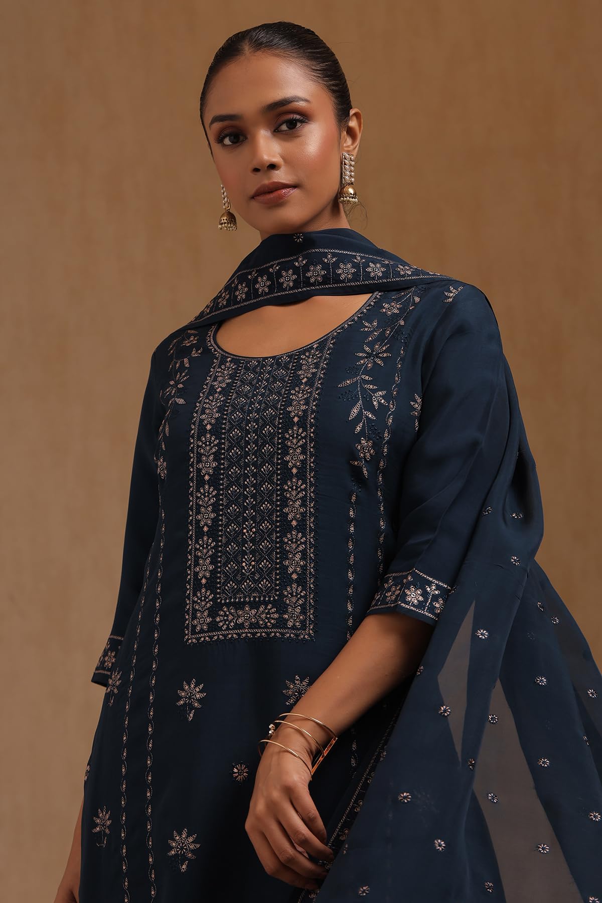 Soch Womens Blue Organza Embroidered Salwar Suit