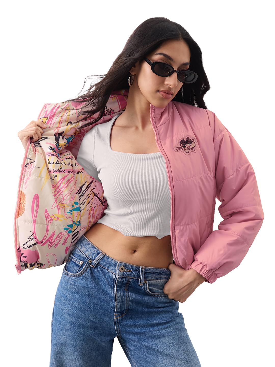 The Souled Store Reversible Puffer: Cool In Pink Women and Girls Full Sleeves Spread Collar Graphic Printed Polyester Regular Fit Lightweight Reversible Puffer Jacket