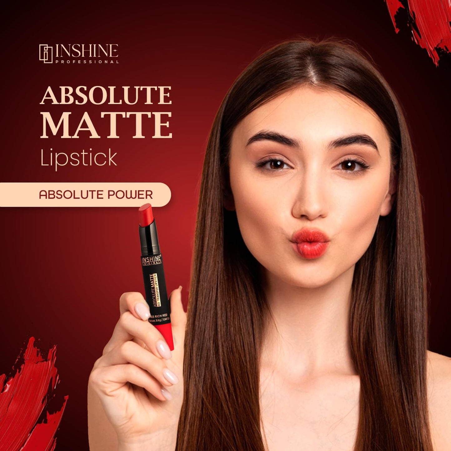 INSHINE Absolute Matte Lipstick - Long-lasting, Transfer-resistant, Velvety Matte Finish with Intense Color, Up to 12 Hours Wear | Perfect for Sophisticated Lips - RUBY RED