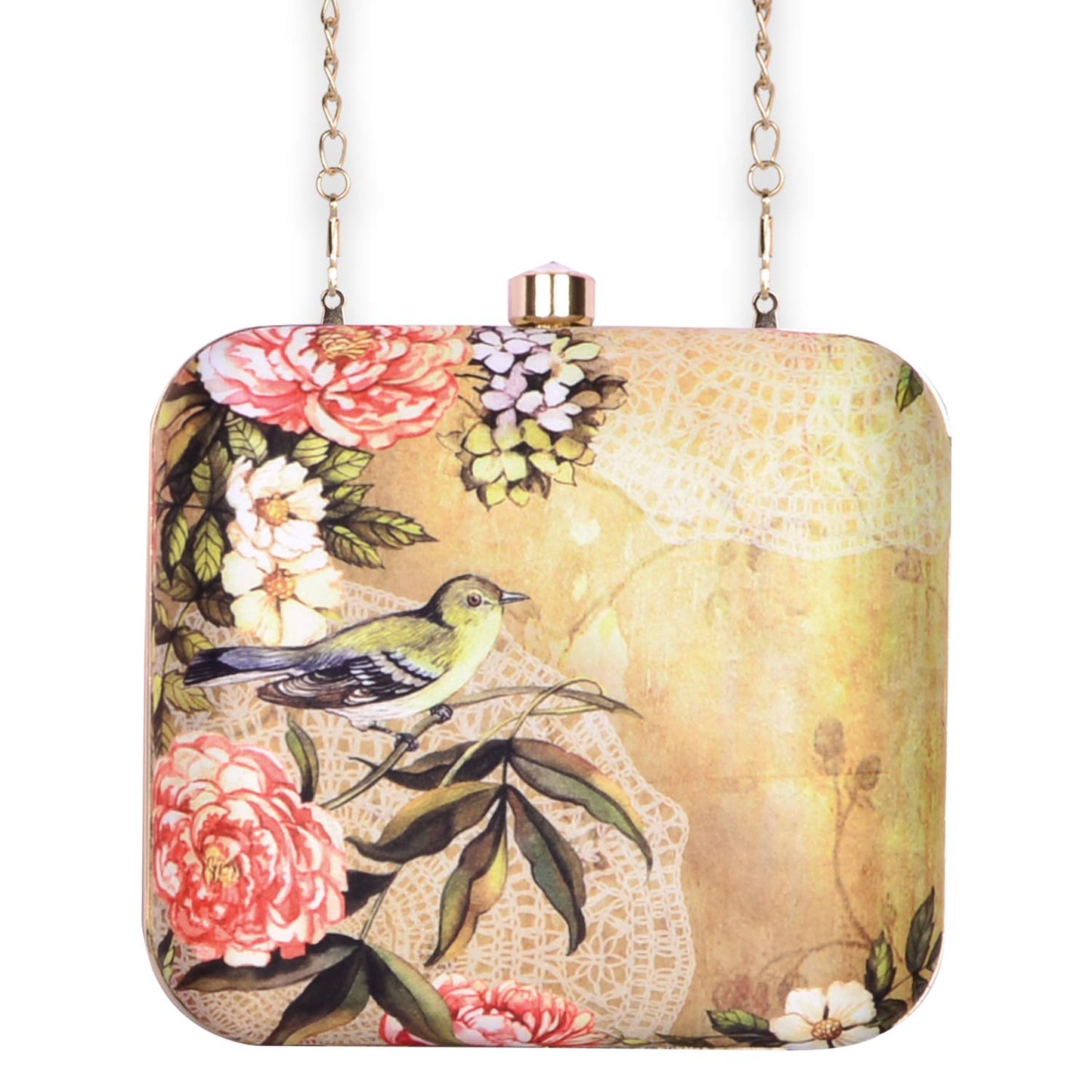 Artklim Beige Based Floral and Bird Printed Clutch Bag For Women With Detachable Chain Strap