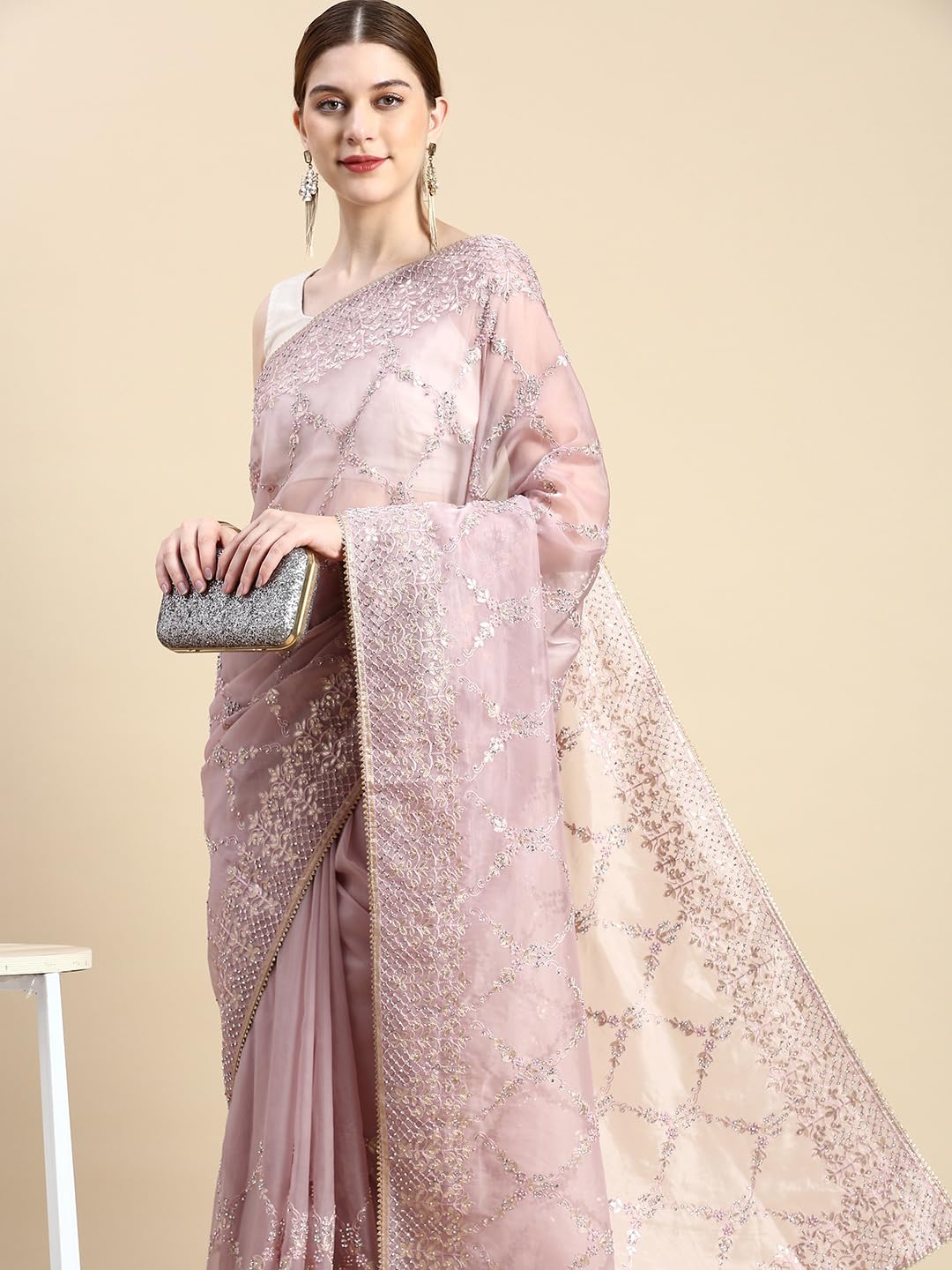 MOHEY Women's Organza Machine Resham Boota & Border Work Saree with Unstitched Blouse Piece - Purple