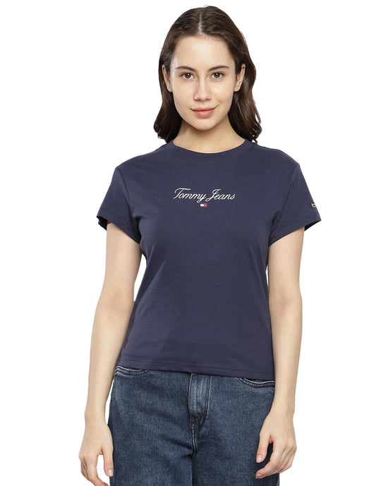 Tommy Hilfiger Blue Cotton Printed Round Neck Short Sleeves Slim Fit Women T-Shirt (F23JWKT056) Size-XXS