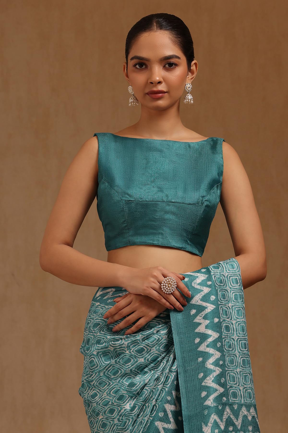 Soch Womens Turquoise Blue Art Silk Geometric Print Saree