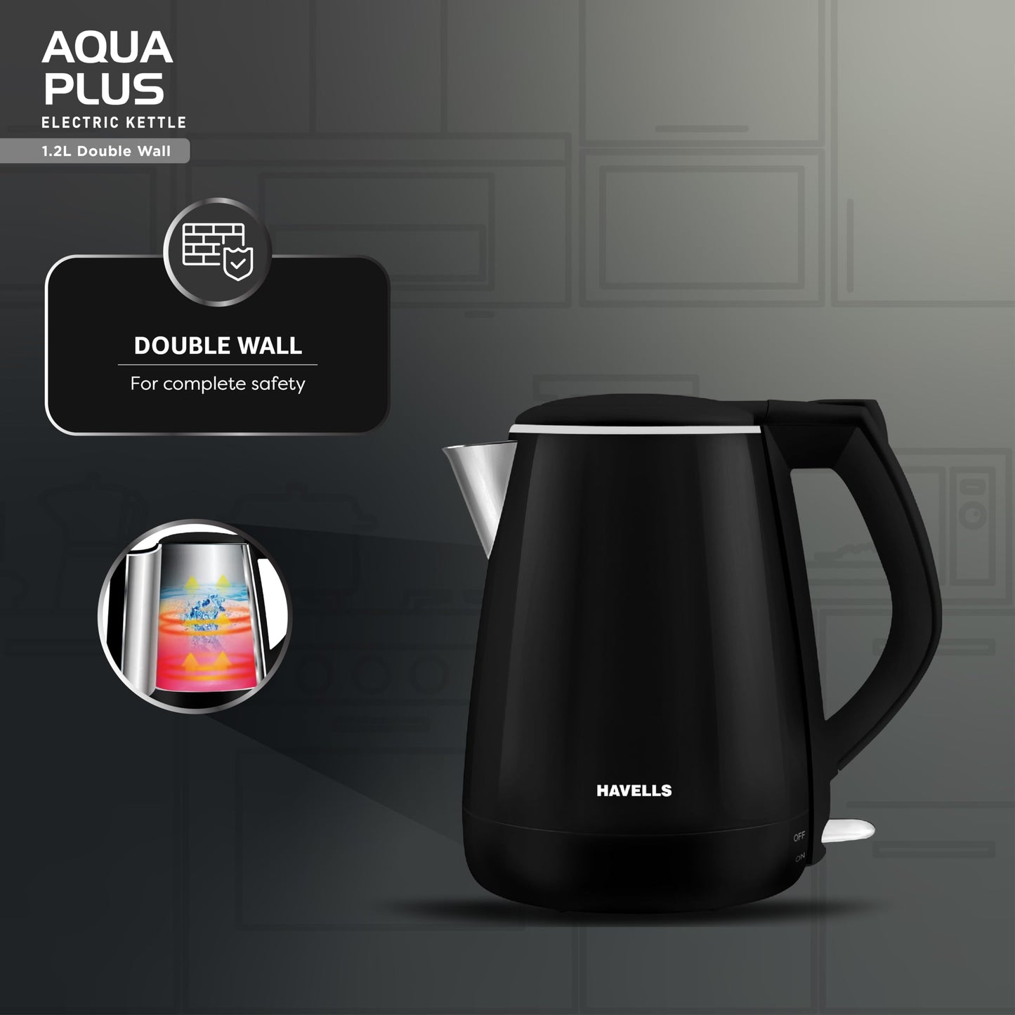 Havells Aqua Plus Electric Kettle 1.2 Litre, 1250 Watt | 304 Stainless Steel Inner Body | Cool Touch Body | Auto Shut-Off |Wider Mouth| 2 Year Warranty (Black)