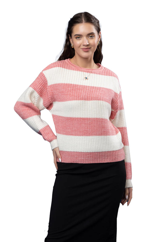 Wear lusso Womens 100% Wool Color Block Stripe Full Sleeve Round Neck Pullover Sweater for Winter Season (in, Alpha, M, Gajri)