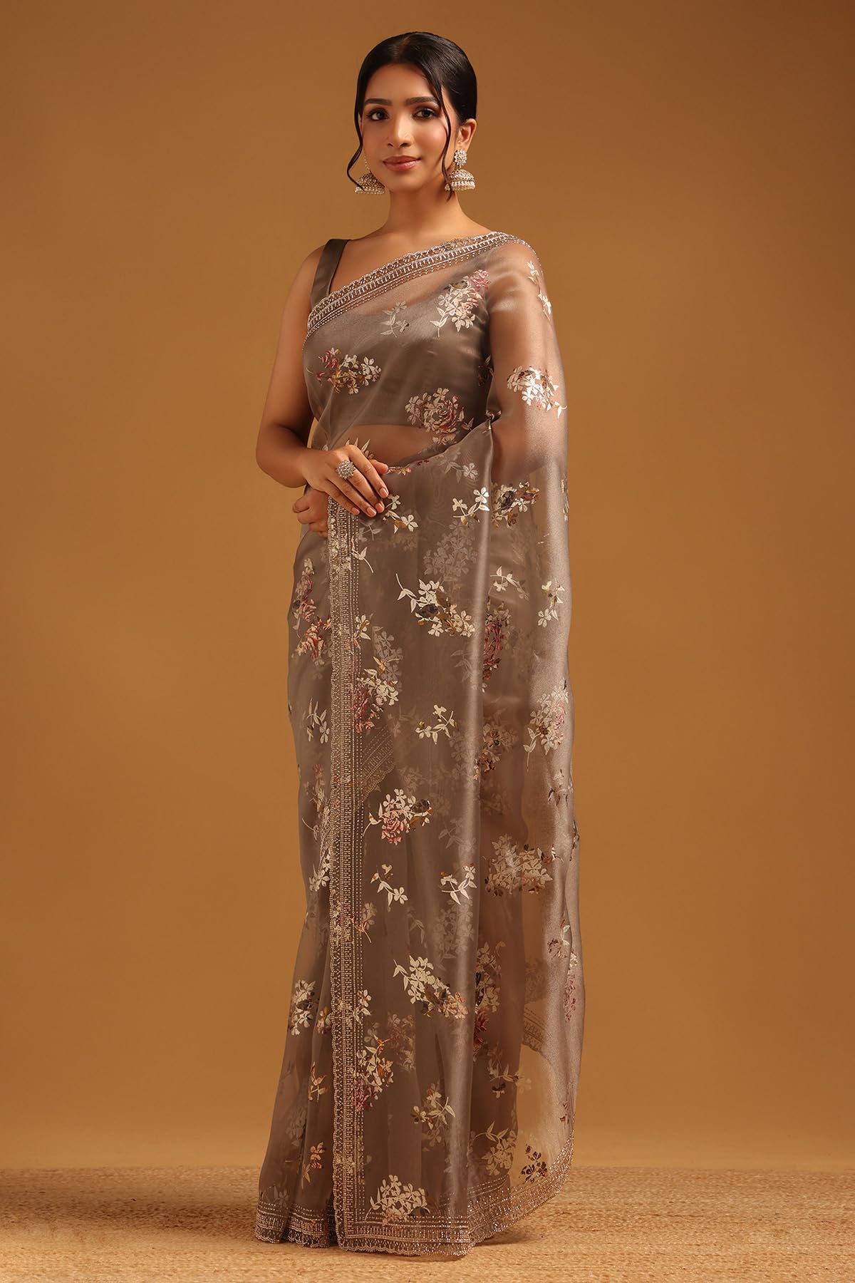 Soch Womens Grey Organza Floral Saree With Stone Work