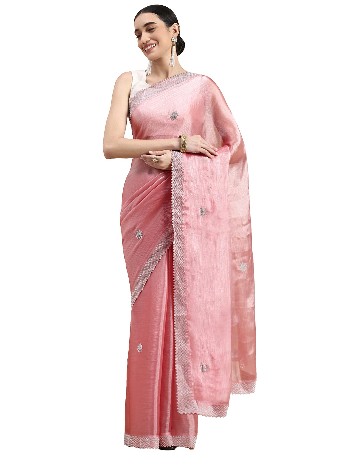 MOHEY Women's Saree, Suitable for Party, Anniversary & Wedding Sari for Women, All Over Boota, Bordered Chiffon (Pink)