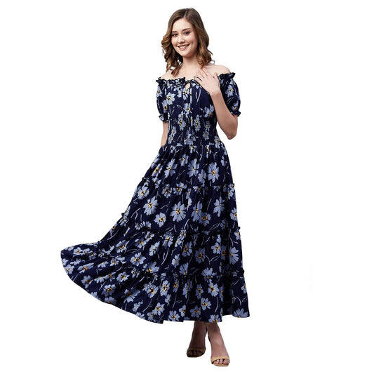 Carlton London Women's Crepe Fit and Flare Maxi Dress (CL657_Navy Blue_L)