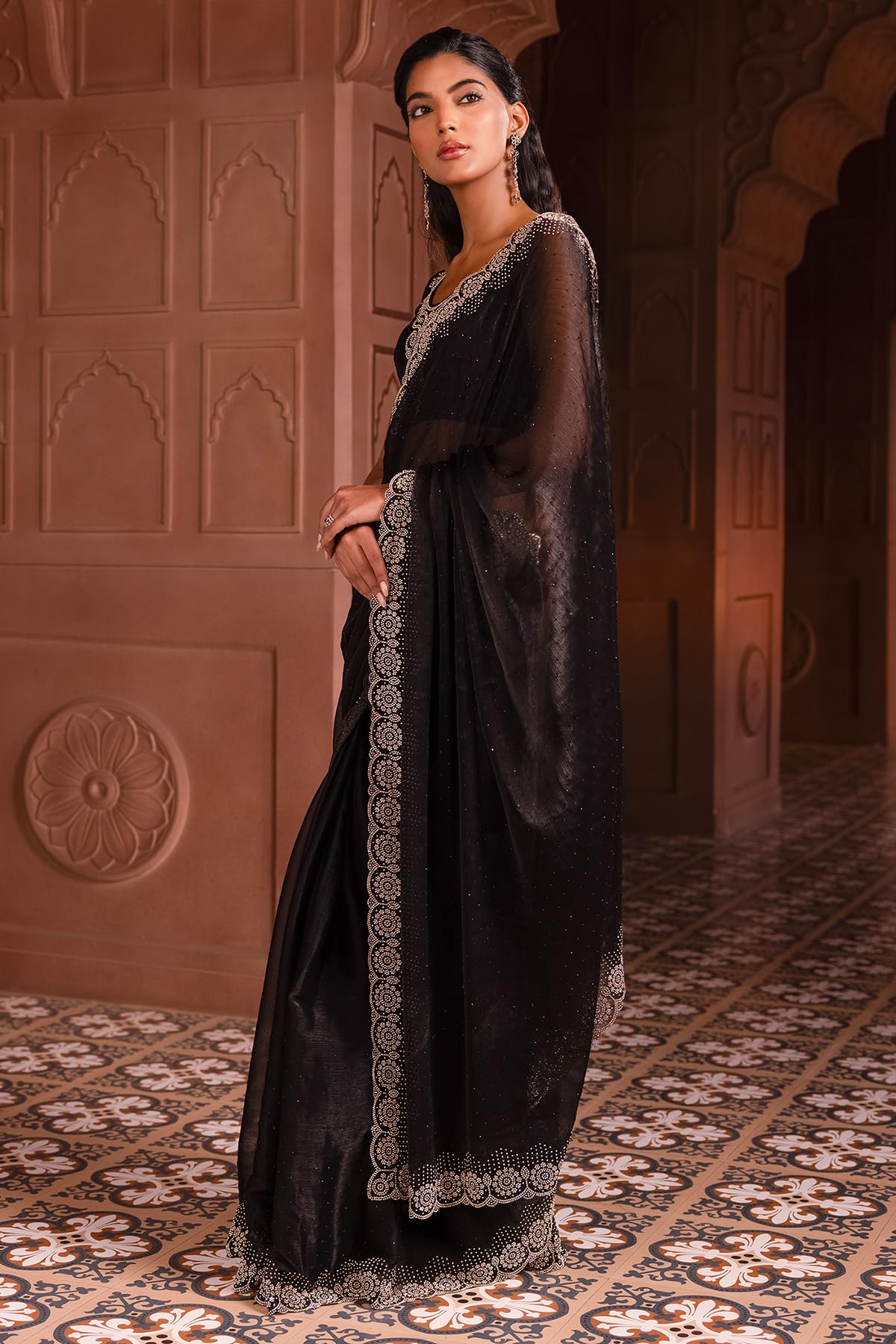 Soch Womens Black Organza Saree With Stone Work