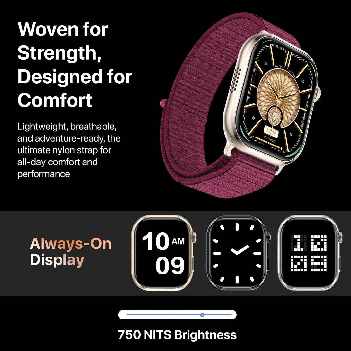 Fire-Boltt Brillia Pro Smart Watch with 51.3mm (2.02 inch) AMOLED Display, Bluetooth Calling, SpO2, Heart Rate Monitoring, 120+ Sports Modes, IP67 Waterproof, Long Battery Life, Nylon Strap (Wine)