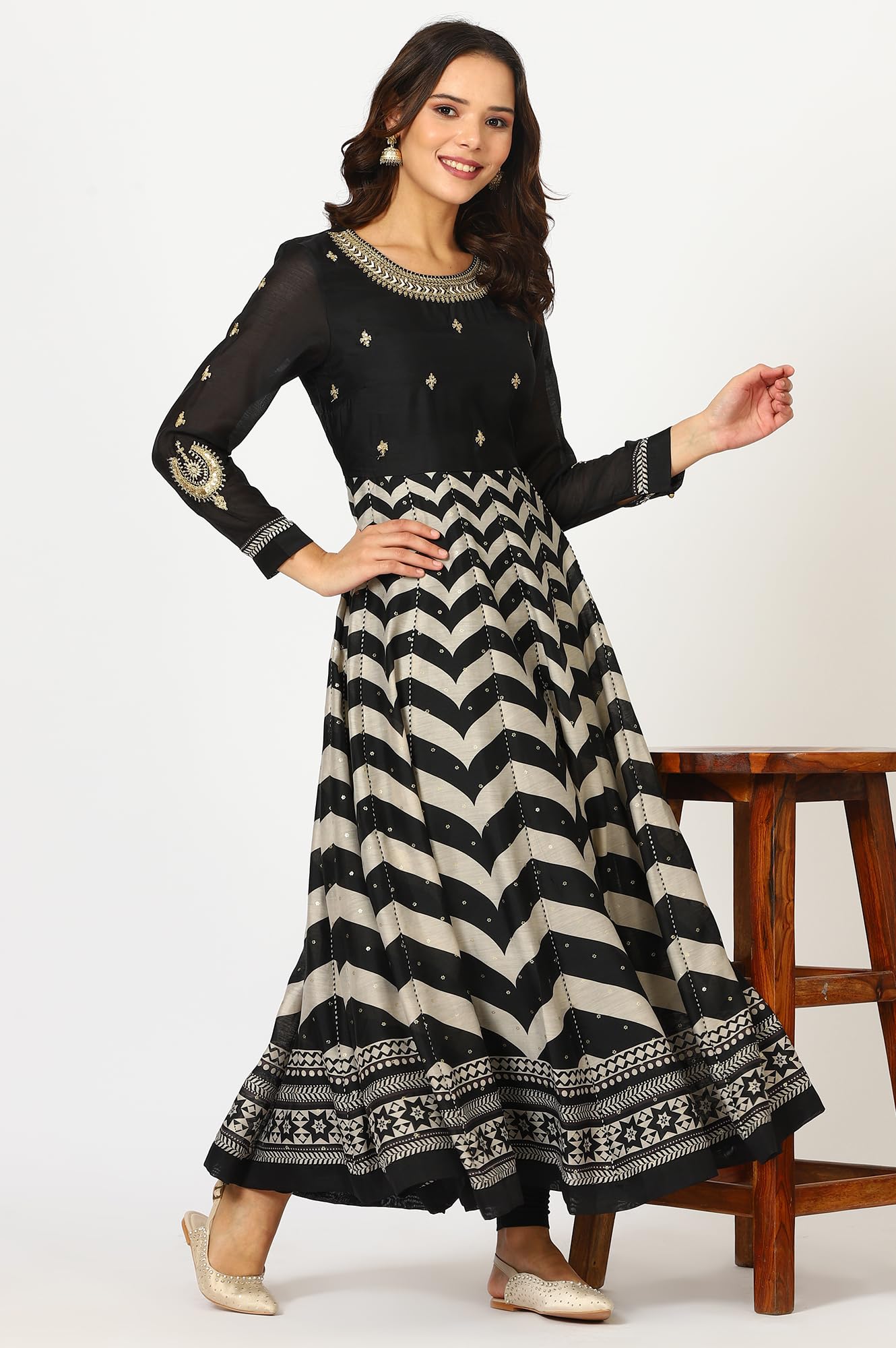 W for Woman Black Chevron Printed Embroidered Chanderi Anarkali Kurta, Tights and Duptta Set (Size: XXL)-24AUSP11666-124621