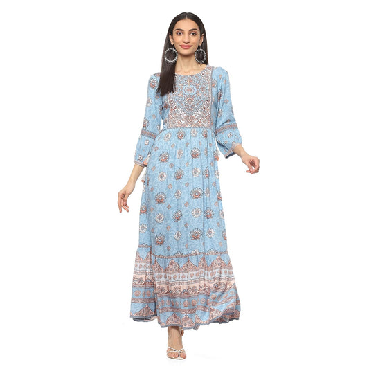 BIBA Women's Printed Tired Straight, Ankle Length Dress Mix and Match (Ribayat Collection2344_Sky Blue_32)