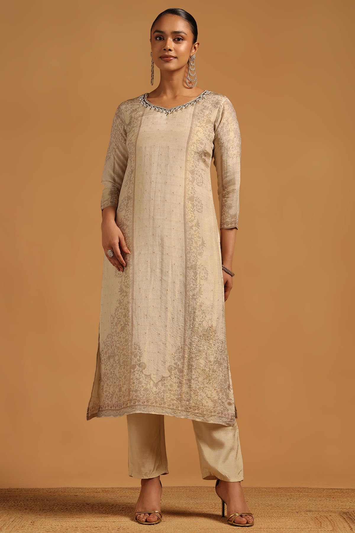Soch Womens Beige Russian Silk Botanical Salwar Suit With Beads And Stones