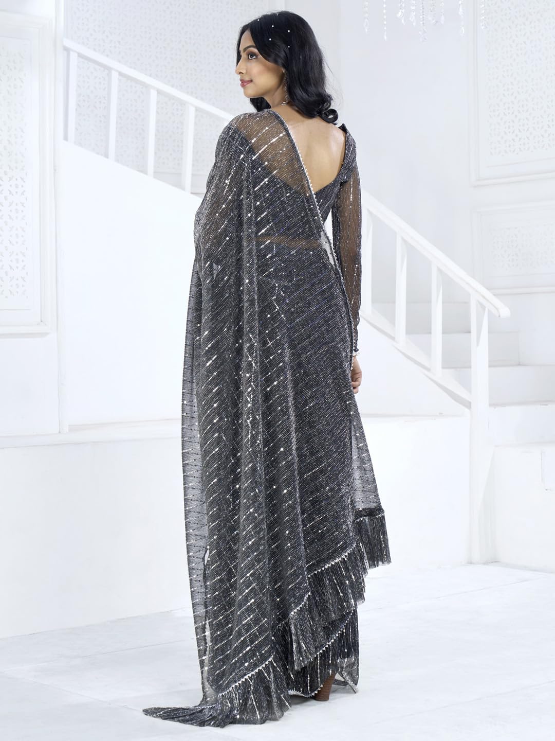 SAREE MALL Women's Embellished Printed Ready To Wear one Minute Ready To Wear one Minute Saree With Unstitched Blouse (Black_RTWMAHEK5001E_MK)