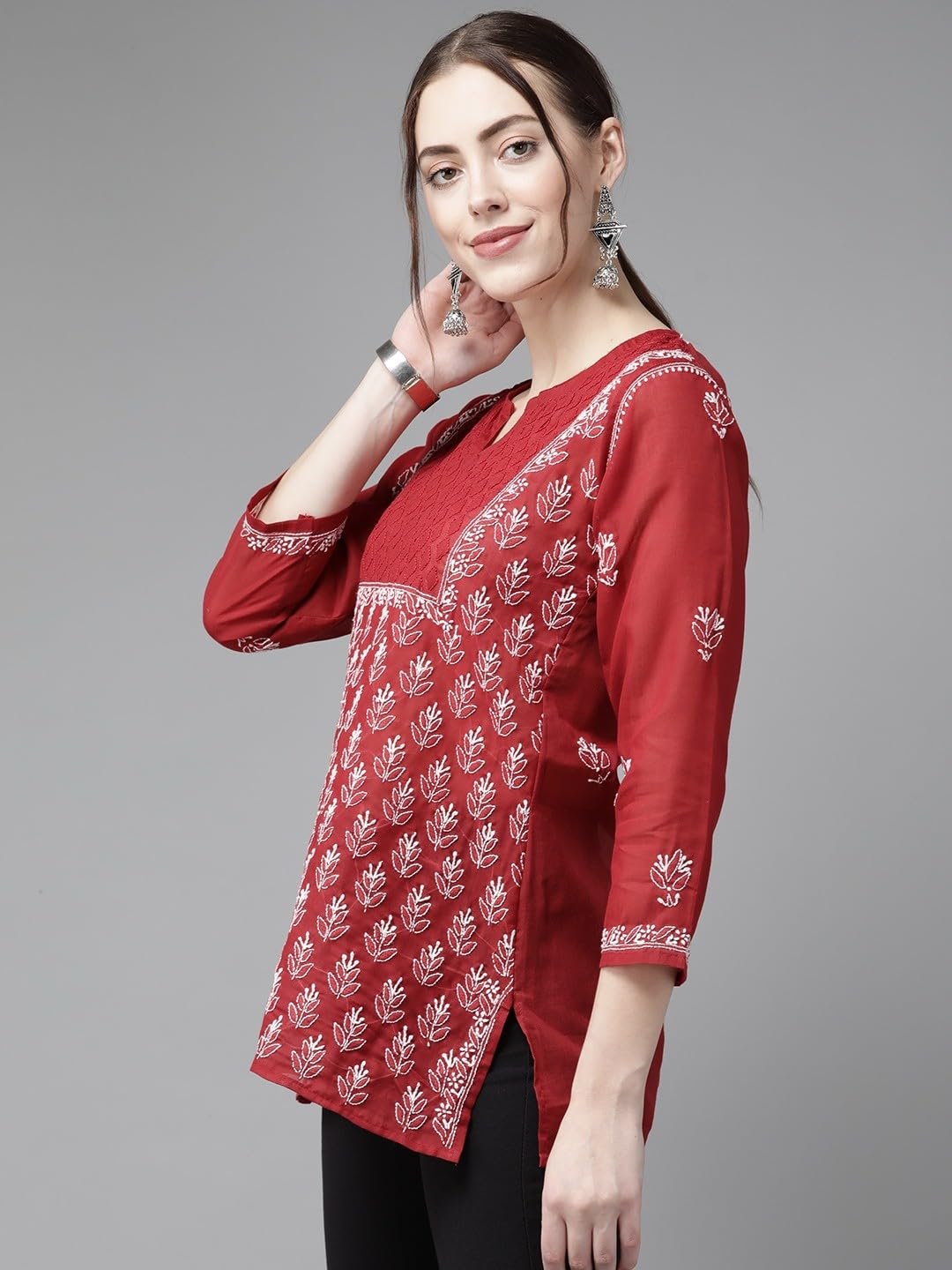 Ada Hand Embroidered Cotton Straight Top Tunic Lucknowi Chikankari Short Kurti for Women A911213 Red (S)