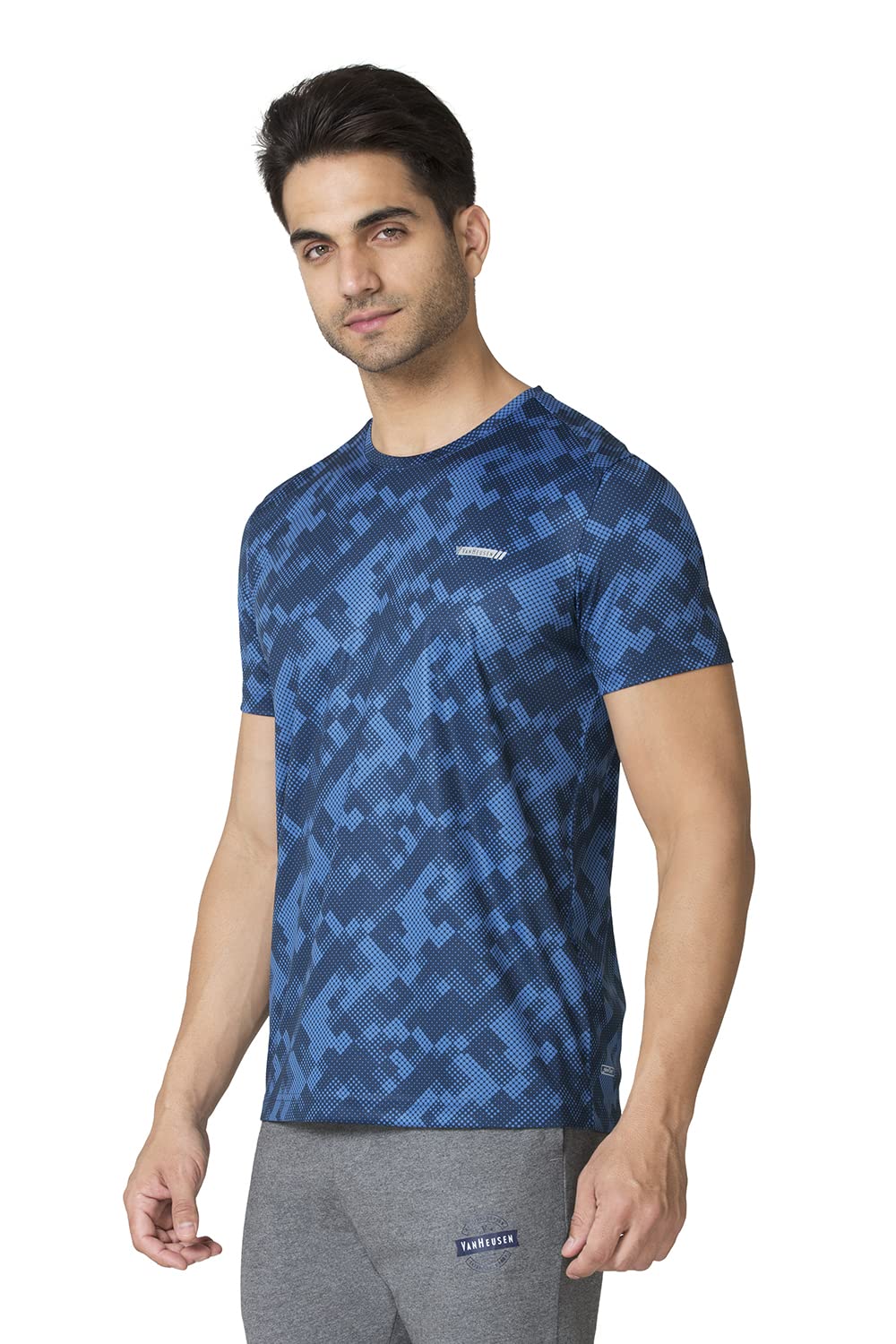 Van Heusen Performance Men T-Shirt - 100% Polyester Interlock - Swift Dry, Crew Neck, Short Sleeve, Allover Print_61008_Limoges Blue_L