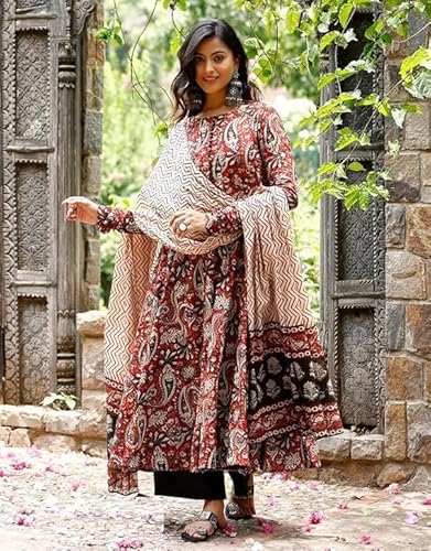 Avayayat Women's Rayon Blend Anarkali Printed Kurta with Palazzo & Dupatta Set Floral Printed Salwar Suit Set Kurta Pant with Dupatta Kurta Set for Women Black (IN, Alpha, XS, Black)