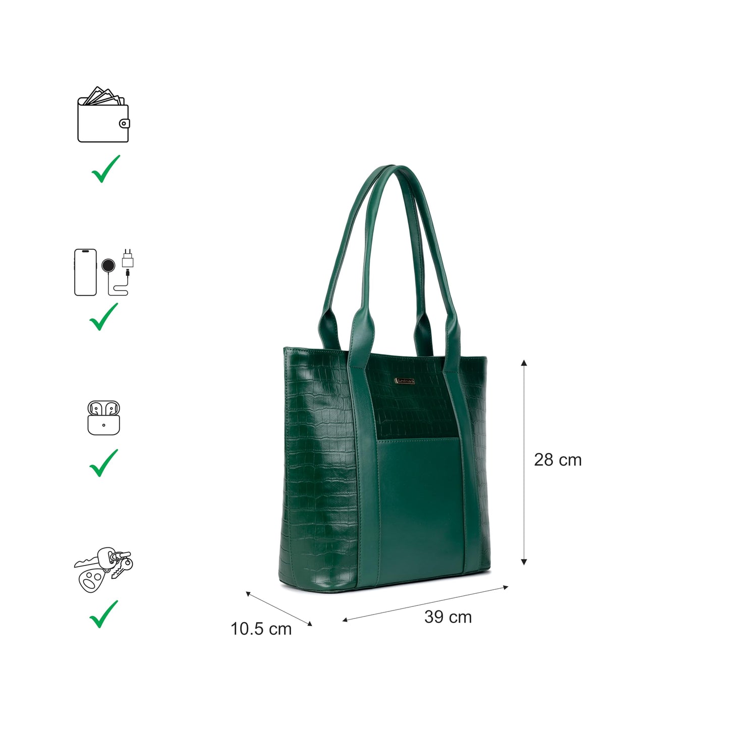 Fastrack Croco Crush Tote | green faux-leather Women's Handbag | Textured Croco Design with Gold Hardware | Double Handles, Zipper Closure & Organised Storage
