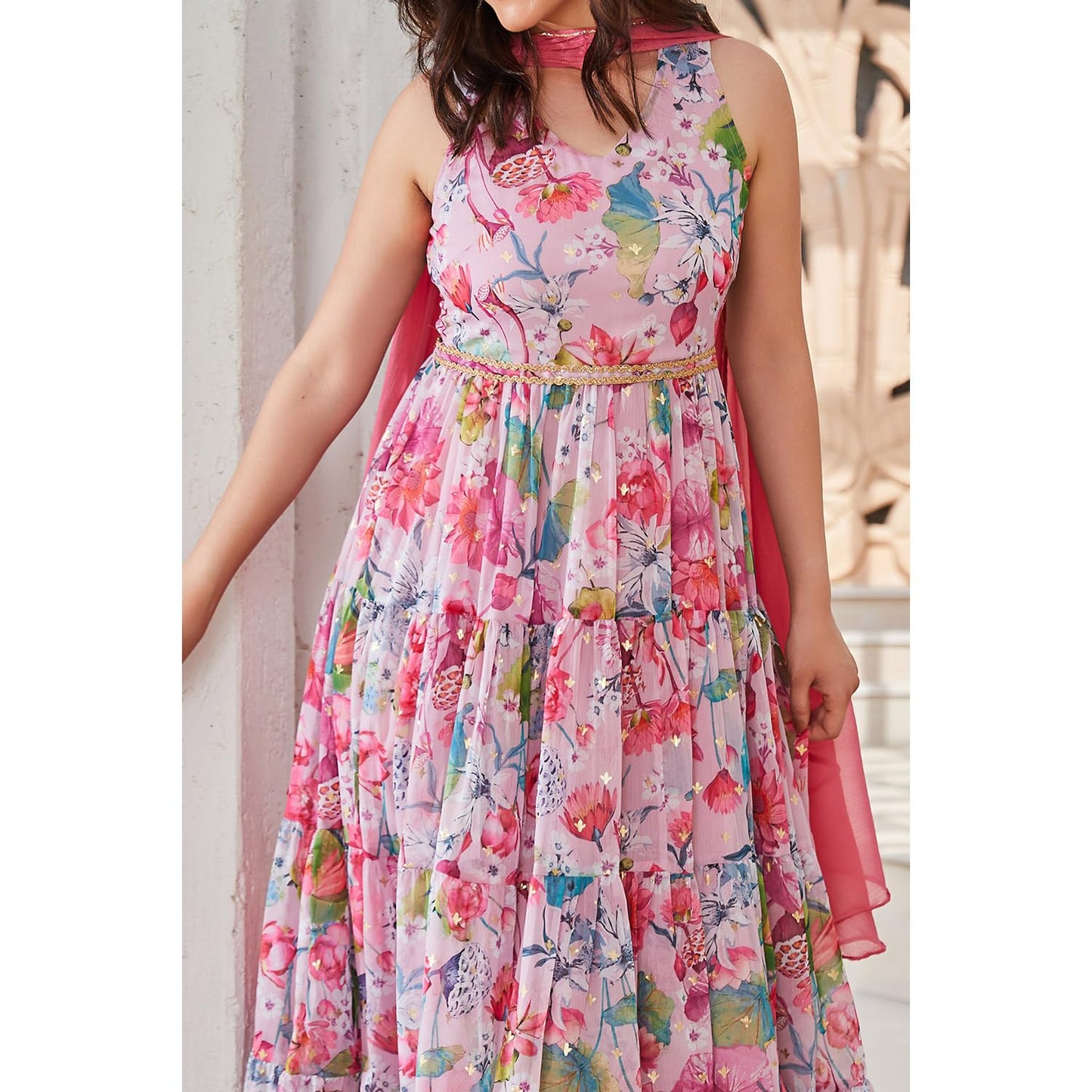 BIBA Women Polyester Anarkali Printed Dress (SKD9665_Pink_XS)