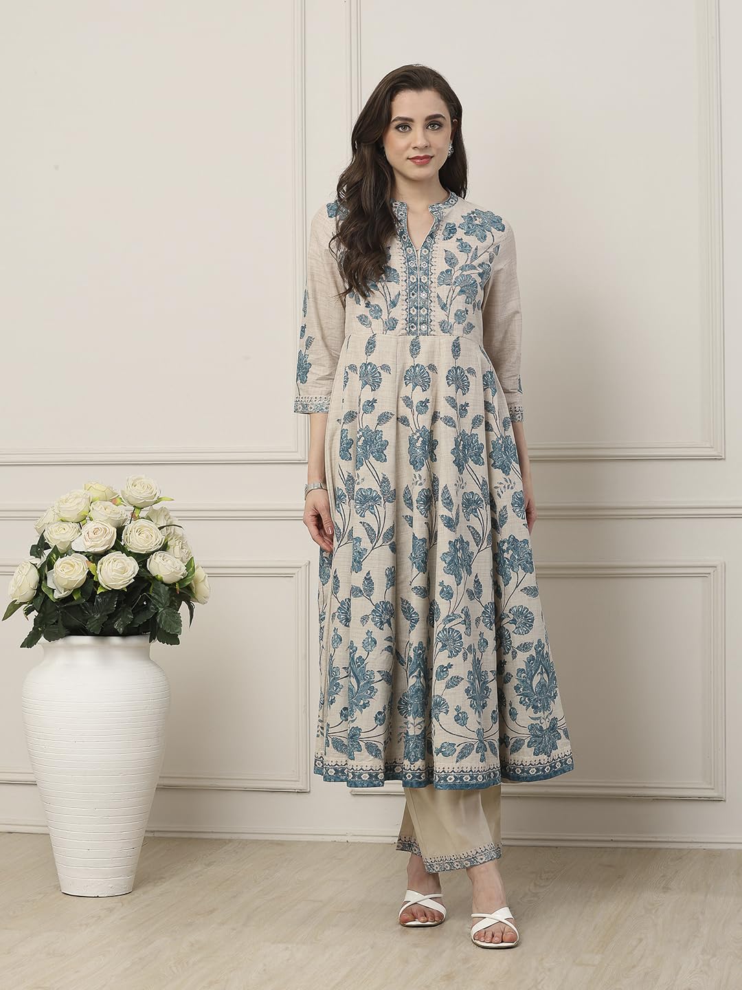Biba Women Blue Cotton Anarkali Suit Set_32