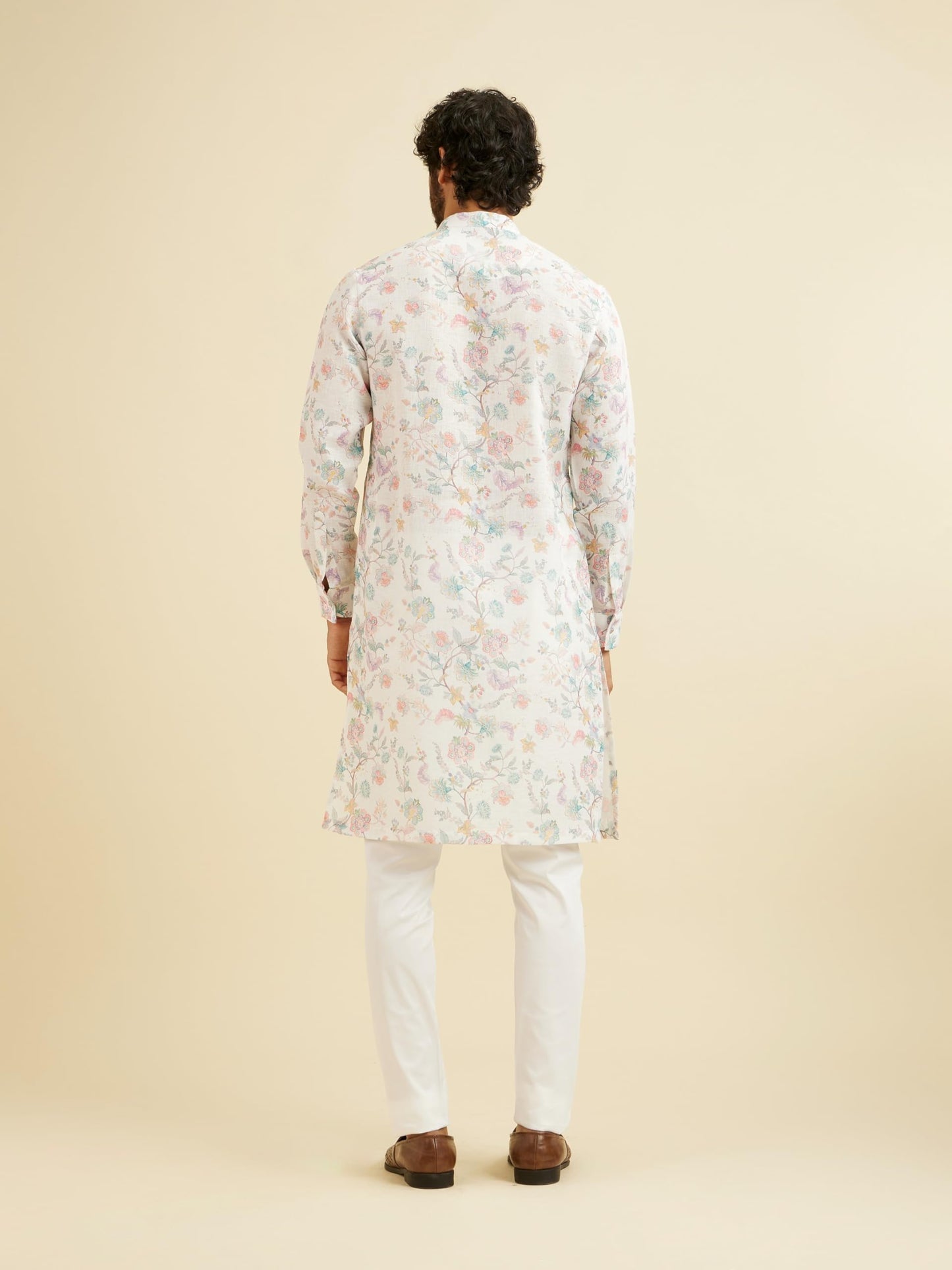 Manyavar Men's Cotton Blend Floral Print Long Kurta (White,L)