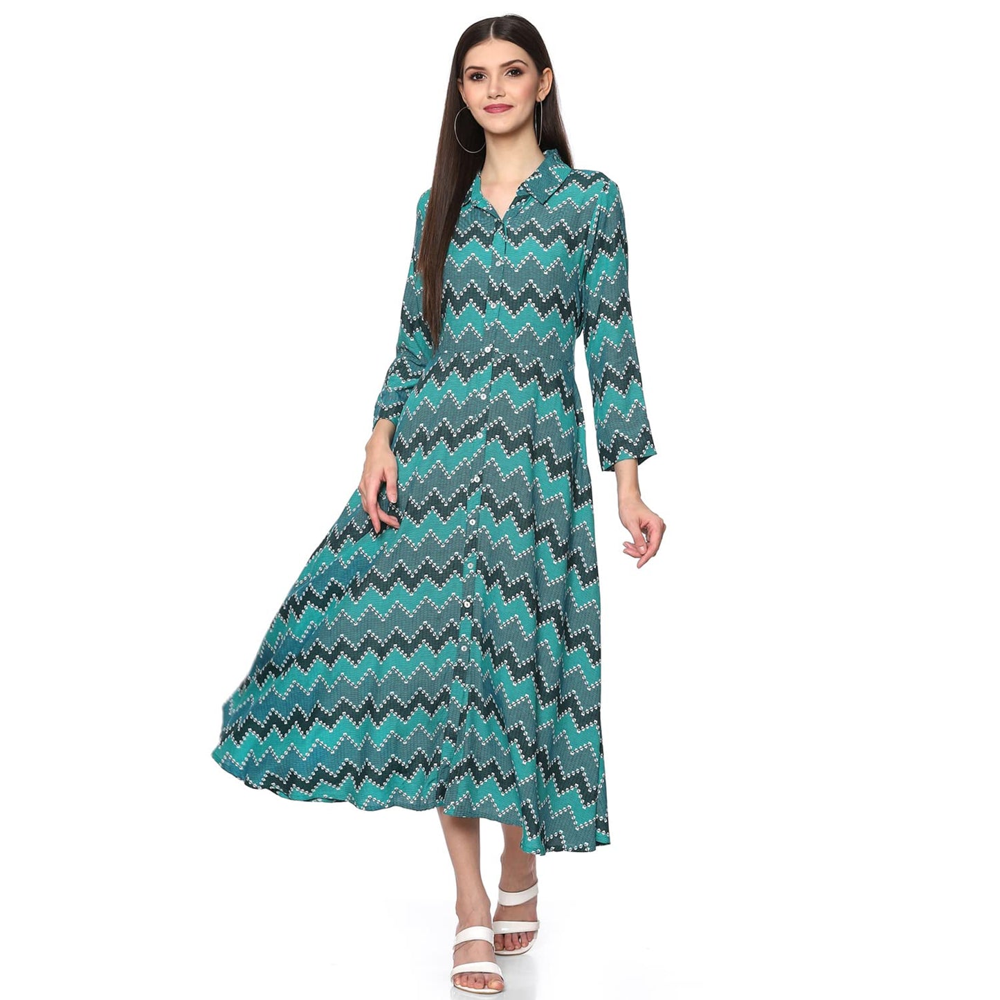 BIBA Women's Green Turquoise Rayon A-Line Printed Dress