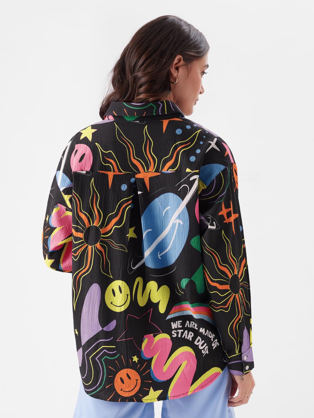 The Souled Store TSS Originals: Space Ace Women and Girls Short Sleeve Black All Over Print Button Down Boyfriend Shirts Oversized Shirts for Women Boyfriend Drop Shoulder Cotton Casual Half Sleeves