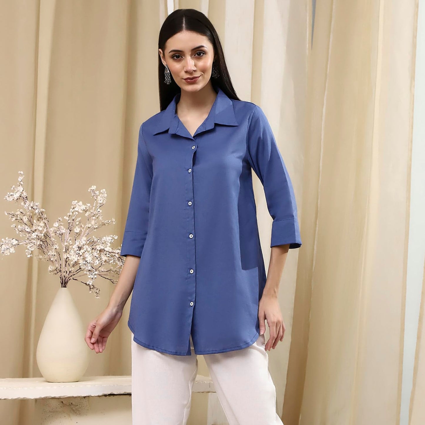 BIBA Women's Cotton Blend Solid Regular Shirts (SLDCR21577EAW24DSBLU_Dusk Blu