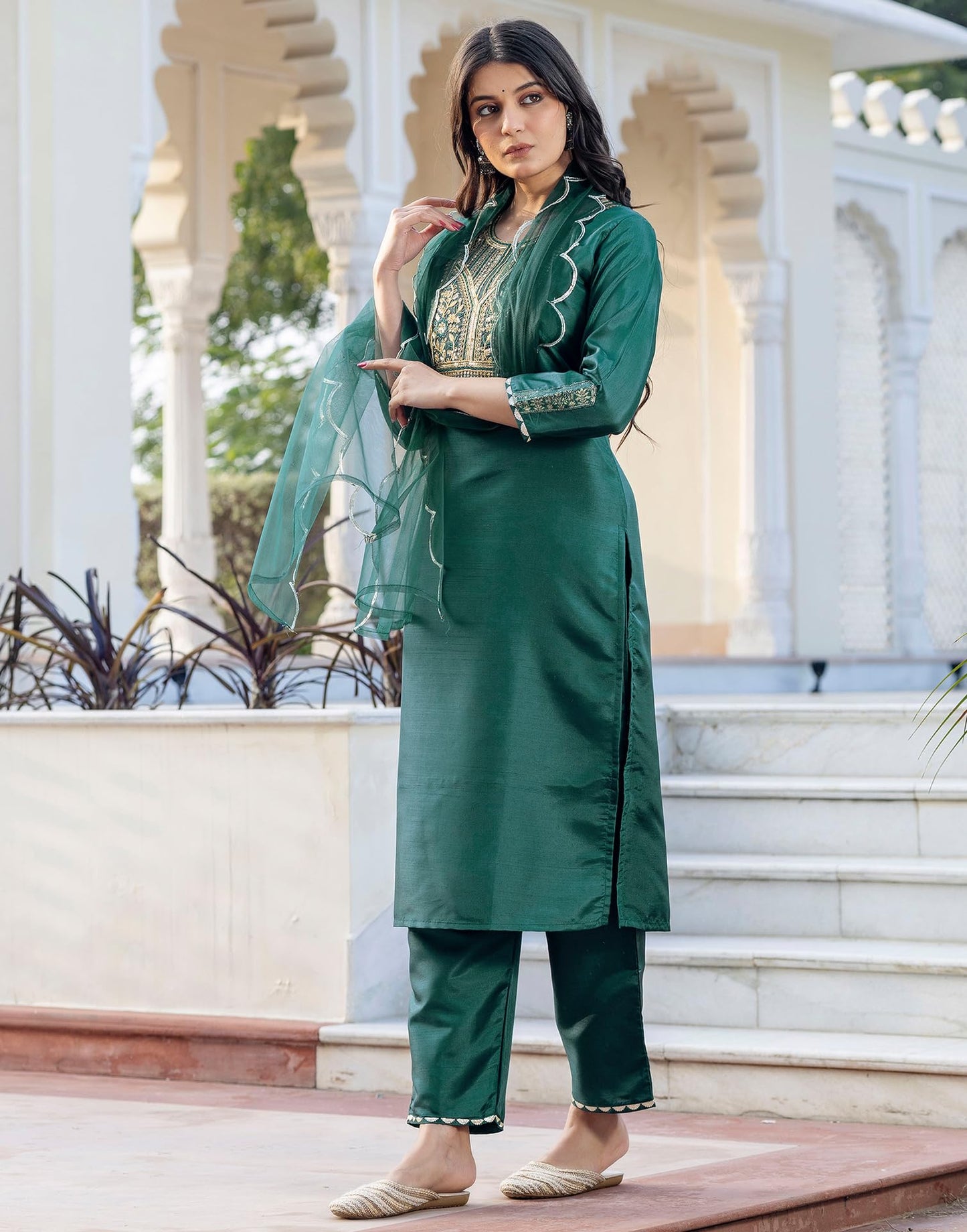 SIRIL Women's Rayon Kurta Set | Sequence Embroidery Straight Kurta with Pant & Dupatta| Kurta Sets for Woman (245KBD2584-S_Dark Green)