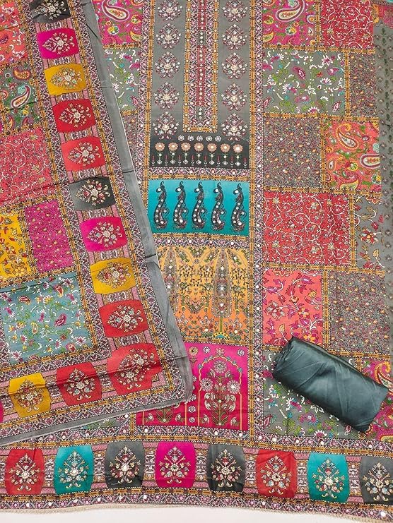 Rubani Women's Pakistani Unstitched Salwar Suit Dress Material Featuring Soft Chinon Fabric and Timeless Floral Prints(Free Size, Grey)