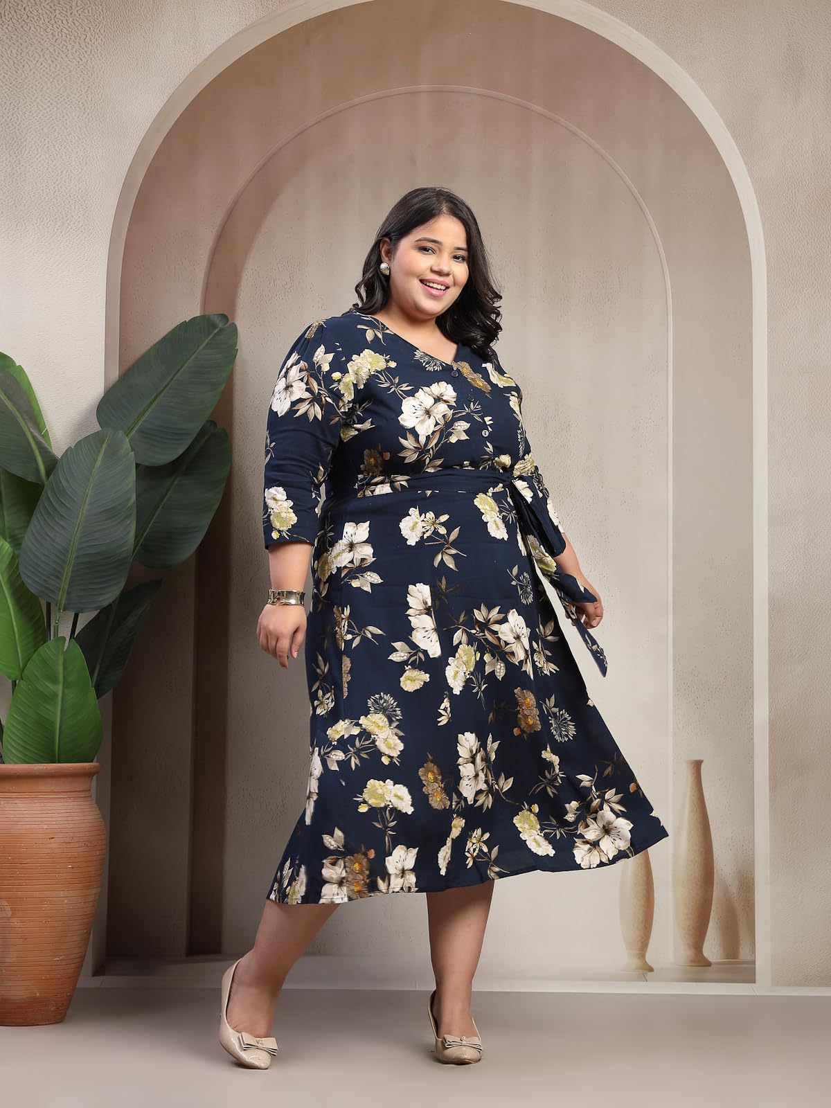 Women Plus Size Floral Print Puff Sleeve Maxi Dress (LDR20244-BLUEBEIGEFLORAL-7XL)