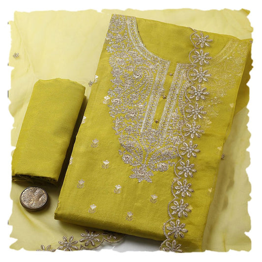 Meena Bazaar Green Embroidered Chanderi Unstitched Suit With Pant & Dupatta