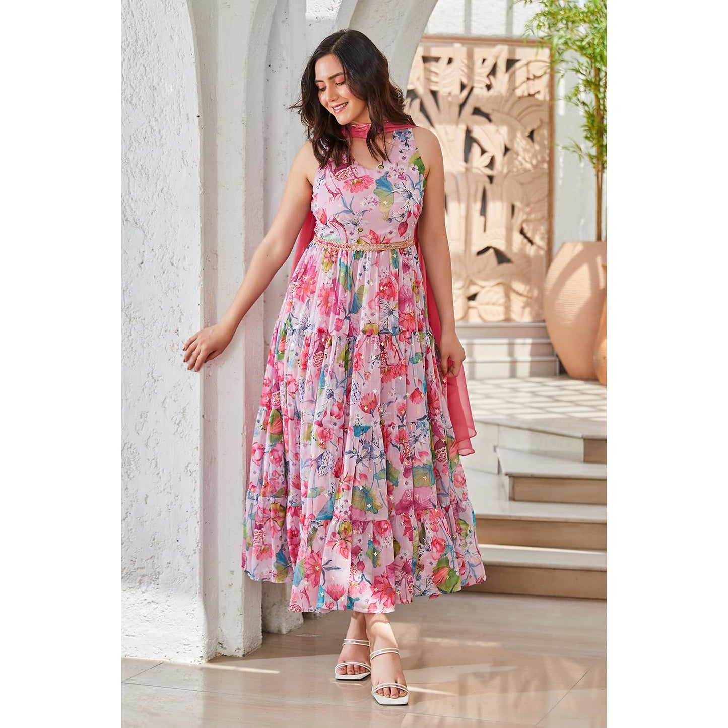 BIBA Women Polyester Anarkali Printed Dress (SKD9665_Pink_XS)