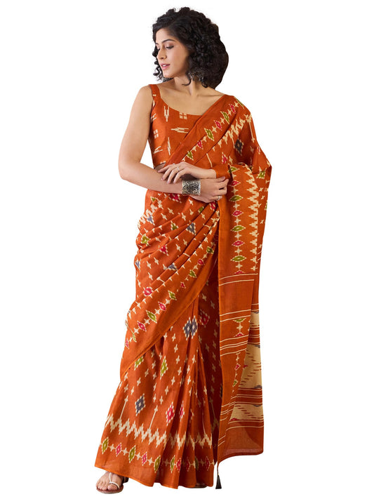 SAREE MALL Women's Orange Cotton Ikat Printed Ready To Wear one Minute Saree With Unstitched Blouse Piece(RTWMINAXI6301_SMC)