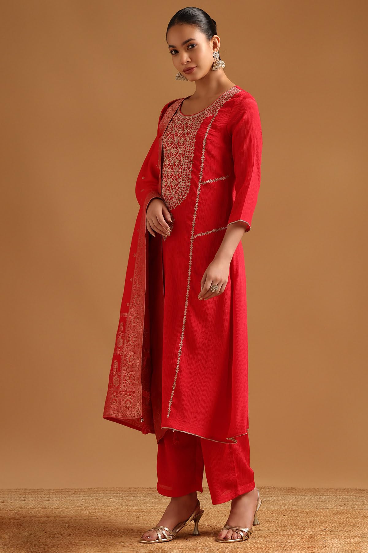 Soch Womens Red Viscose Blend Ethnic Motifs Salwar Suit With Zari