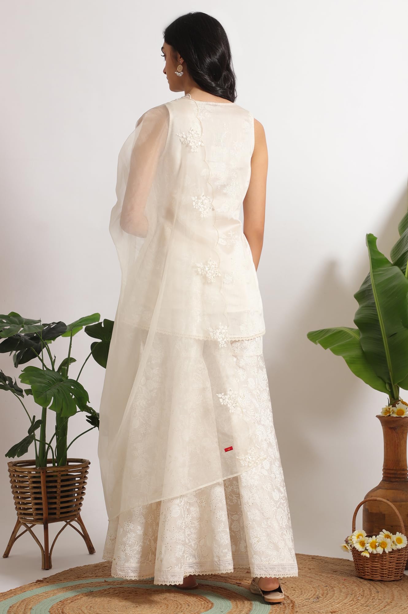 W for Woman White Printed Chanderi Short Kurta, Sharara and Dupatta Set (Size: XL)-WS12349-125210