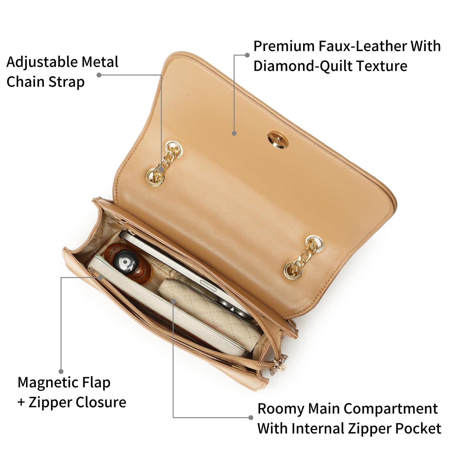 Fastrack QuiltGrid Shoulder Bag | Faux-Leather Women’s Handbag | Diamond Quilted Design | Adjustable Chain Strap | Zipper & Magnetic Closure | Gold-Finish Hardware