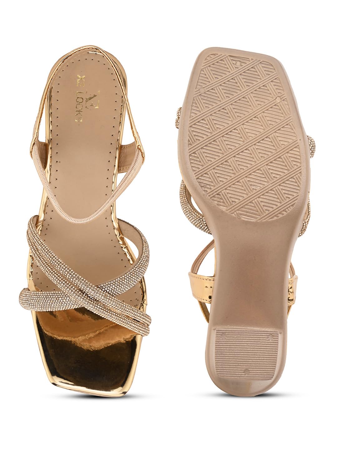 XE Looks Women's Gold Elegant Block Heels | Cross-Strap Sandals for Women | Stylish with Glossy Finish Comfortable Block Heels For Girls & Women