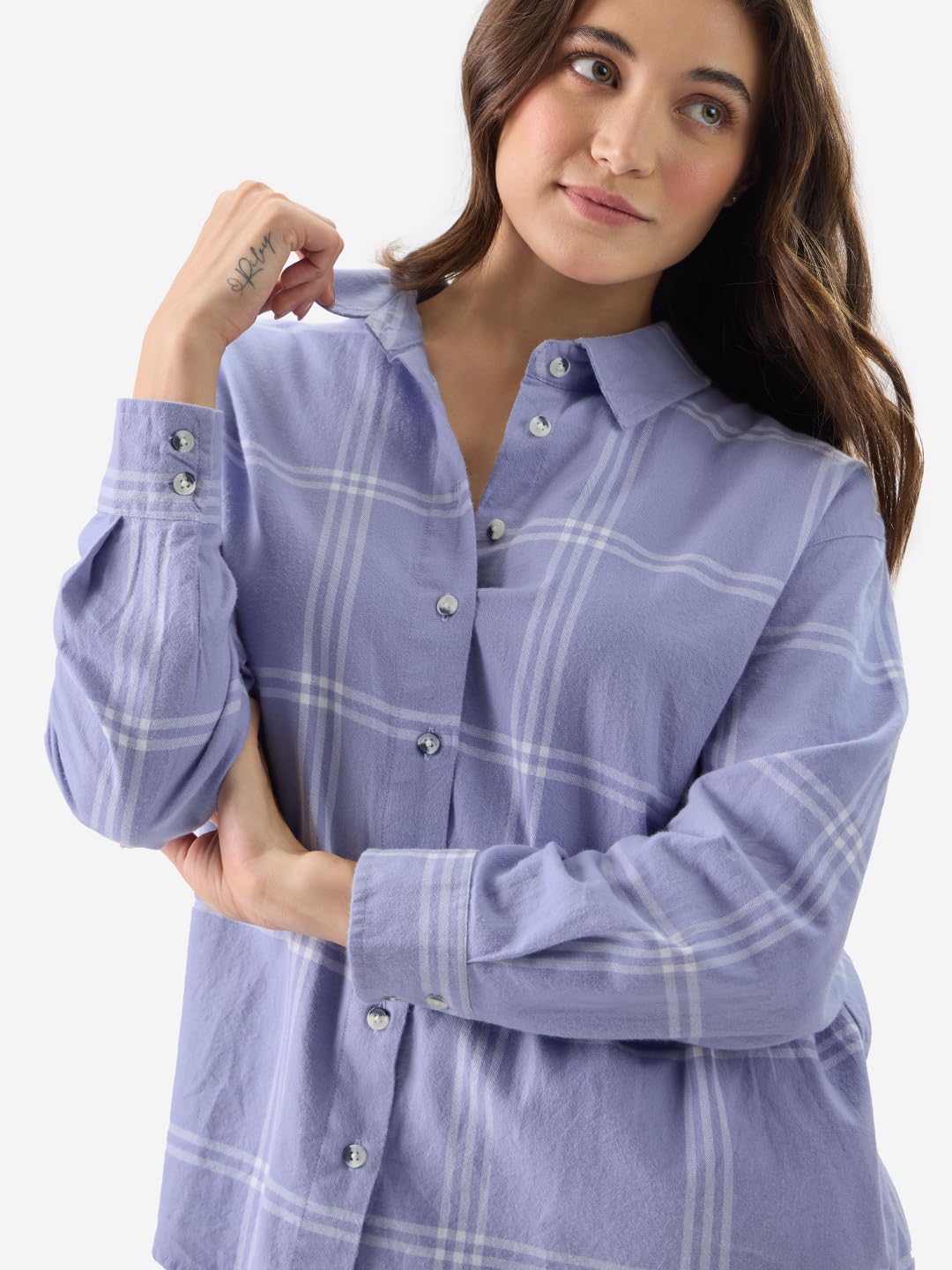 The Souled Store Plaid: Purple and White Women and Girls Button Front Long Sleeve Oversized Fit Boyfriend Shirts Oversized Shirts for Women Boyfriend Drop Shoulder Cotton Casual Half Sleeves Baggy