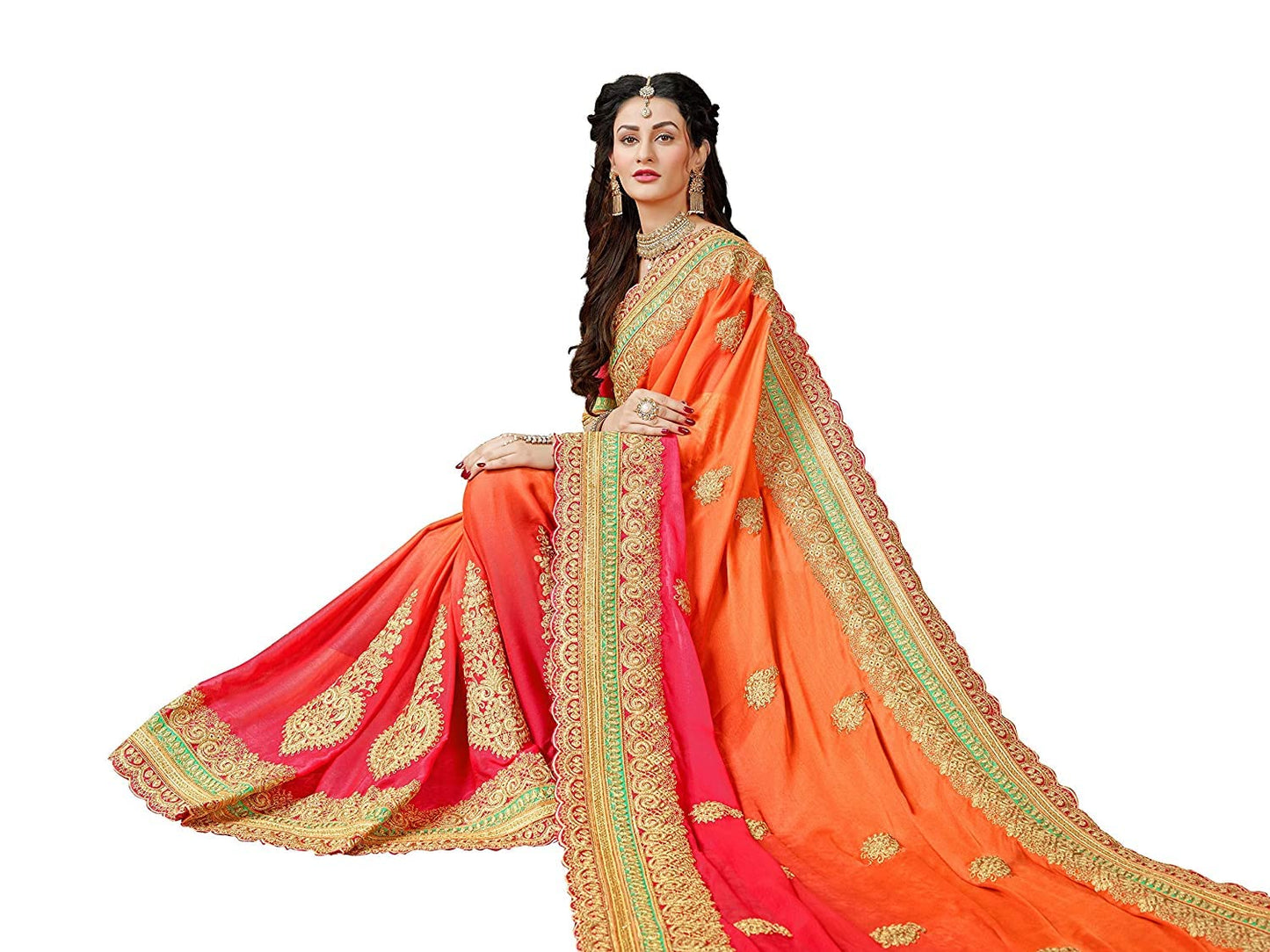 MANOHARI Women Shaded Orange Heavy Embroidery Chiffon Saree With Blouse Piece_Mn360-2