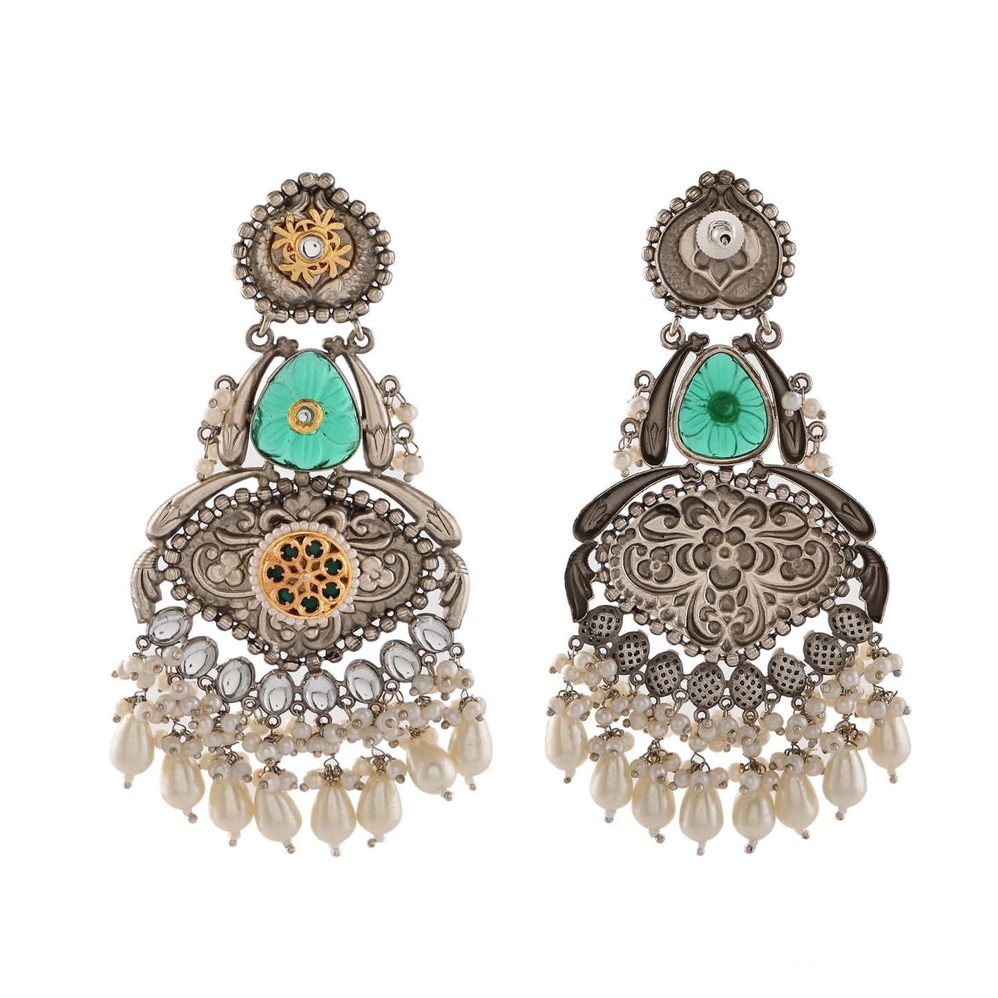 Voylla Antique Opulance Elegant Green Long Chandbali Earrings|Danglers Earrings For Women|Festive Earrings|Wedding|Party |Gift For Women|