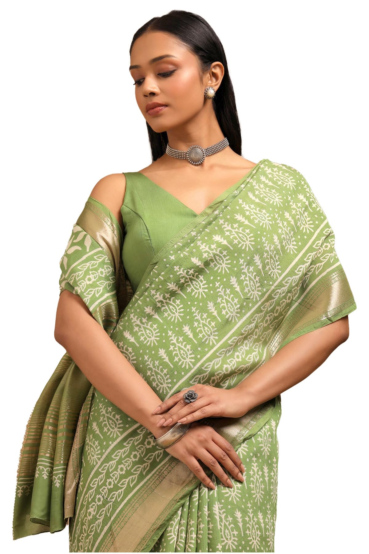 Soch Womens Light Green Viscose Block Print Saree