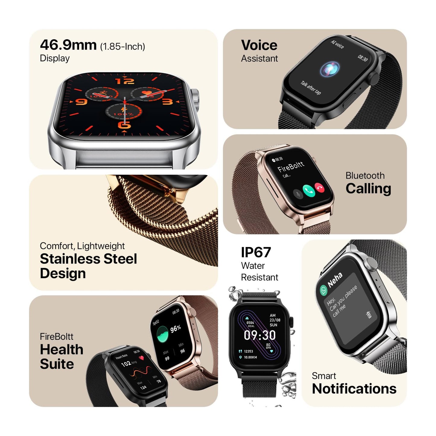 Fire-Boltt Rise Smart Watch, 1.85" HD Display, Metal Body with Bluetooth Calling, Rotating Crown, AI Voice Assistant, 120 Sports Modes, Neon UI, SpO2 & Heart Rate Monitoring (Black Millanese)