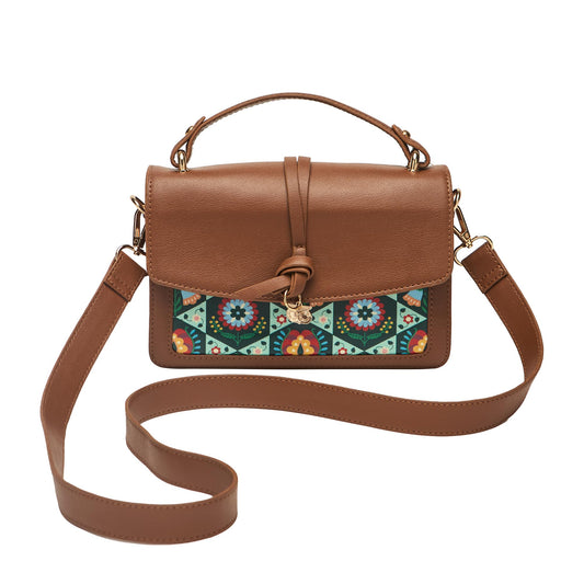 Chumbak London Satchel for Women, Tan Floral PU Leather, Digital Nomad Collection, Structured Zipper Satchel, Elegant and Durable Shoulder Bag for Travel and Work